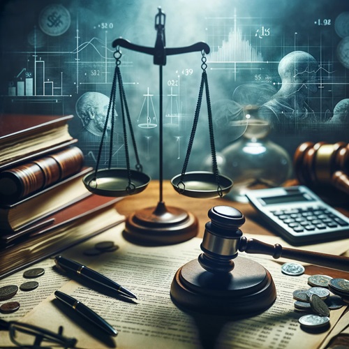 Bilancia della giustizia, martello da giudice e documenti legali