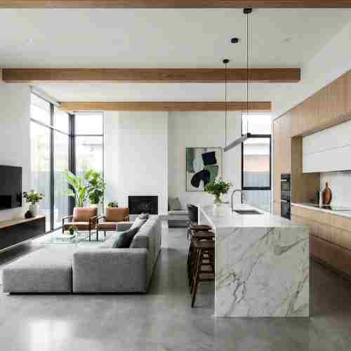 Zona living con cucina, soluzione sempre più apprezzata da chi vuole un casa moderna. 